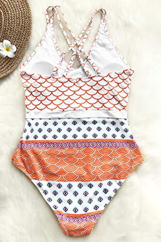 Women's Pink, Orange & Blue Geometric Fishtail Print One-Piece Swimsuit