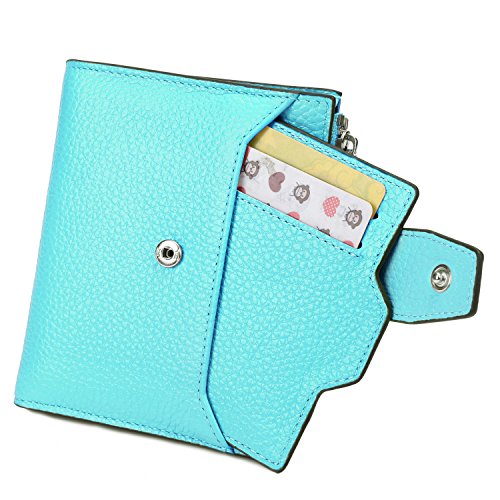 AINIMOER Women's RFID Blocking Leather Small Compact Bi-fold Zipper Pocket Wallet Card Case Purse(Lichee Sea Blue)