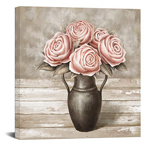 Biuteawal Floral Bouquet Canvas Wall Art Pink Rose Flower in Vintage Vase Pictures Painting Prints Still Life Artwork for Home Kitchen Bathroom Bedroom Decoration Ready to Hang