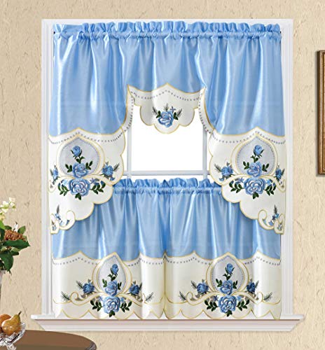 GOHD Rose Melody. 3pcs Kitchen Cafe Curtain Set. Swag and 24 inches Tiers Set for Small Windows. Nice Matching Color Rose Embroidery on Border and Inserted Organza. (Light Blue)