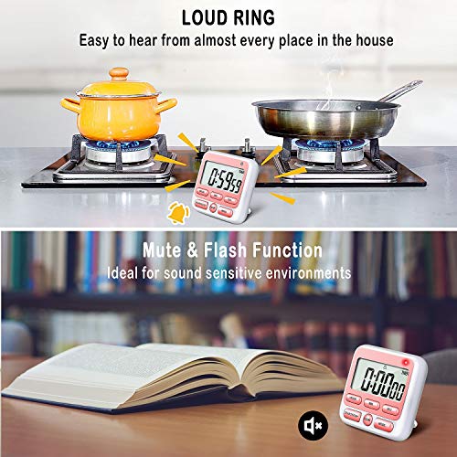 KTKUDY Digital Kitchen Timer with Mute/Loud Alarm Switch ON/Off Switch, 24 Hour Clock & Alarm, Memory Function Count Up & Count Down for Kids Teachers Cooking, Large LCD Display, Strong Magnet (Pink)