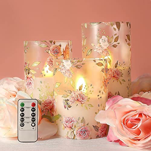 CHERIMENT Pink Rose Decor Flameless Candles , Love Theme Battery Operated LED Candles with Remote, Pink Flower Decal Glass Effect Candles for Christmas, Wedding, Pink Bedroom Decoration (Set of 3)