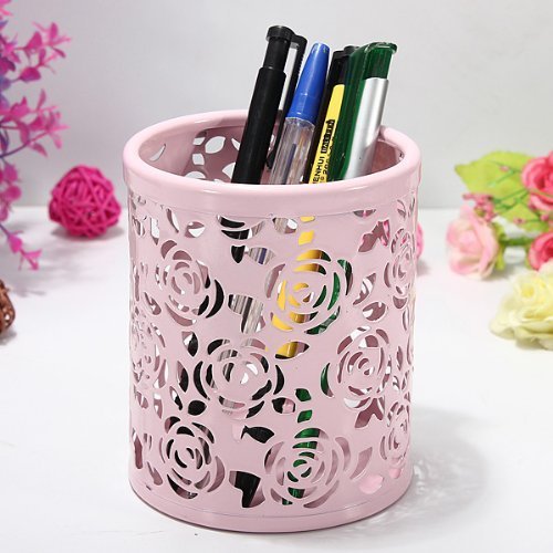CTKcom 2 Pack Hollow Rose Flower Pattern Metal Pen Pencil Pot Cup Holder Desk Container Organizer,2 Pieces,Pink
