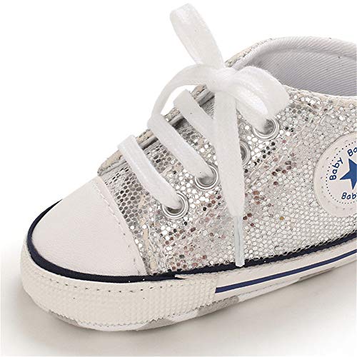 Baby or Toddler Girls or Boys Canvas Sneakers, Soft Sole, High Top First Walkers Shoes, 22 colors  (Sequin Silver)