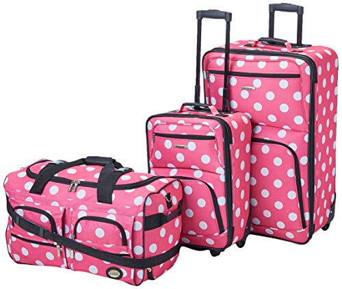 Rockland Vara Softside 3-Piece Upright Expandable Luggage Set w/Telescopic Handle, Pink Dots