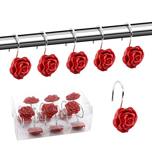 Rose Resin Decorative Rustproof Shower Curtain Ring Hooks, Set of 12  (4 colors)