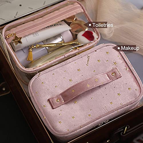 HOYOFO Velvet Makeup Bag for Women Double-layer Travel Cosmetic Case Set of 2 Make up Bags with Handle/Brush Holder (F-Pink Set)