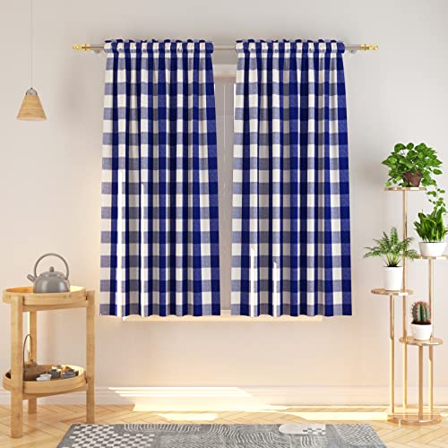 Buffalo Check Curtains 45 inches Long Cotton Basement Navy Blue and White Gingham Plaid Kitchen Window Curtain Panels Living Room Checker Drapes Bedroom Rod Pocket Window Treatment 2 Panels