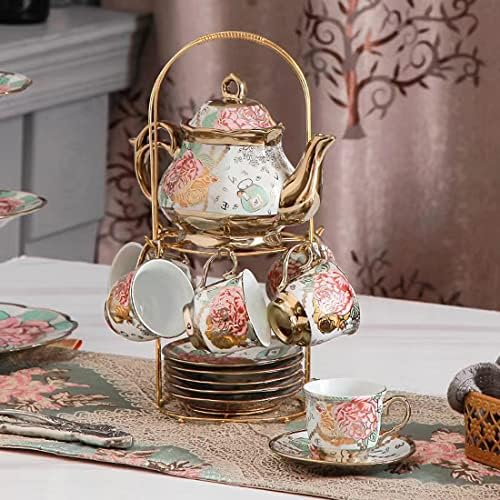 CHANJOON Gold Plated Red Rose Ceramic Tea Set, Vintage Tea Set with Teapot, Beautiful Tea Set Coffee Serving 6 People (Upgrade Sets A)