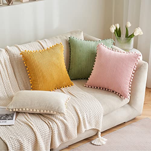 MIULEE Boho Decorative Throw Pillow Covers with Pom-poms, Soft Corduroy Square Solid Lumbar Cushion Cases for Spring Couch Sofa Bedroom, 18x18 inch Pink