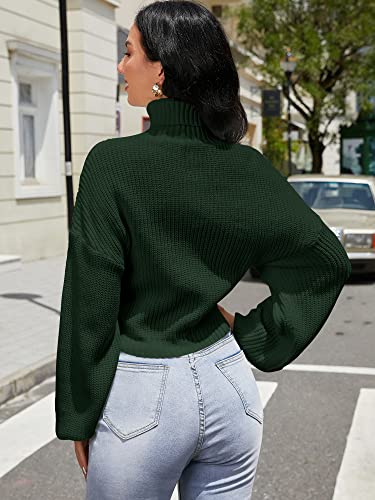 ZAFUL Women's Cropped Turtleneck Sweater Lantern Sleeve Ribbed Knit Pullover Sweater Jumper (2-Green, M)