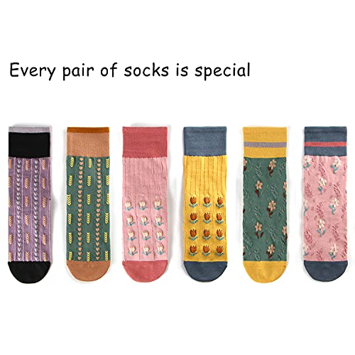 Women's Flowers & Leaves Pattern Casual Cotton Crew Socks, 6-Pack