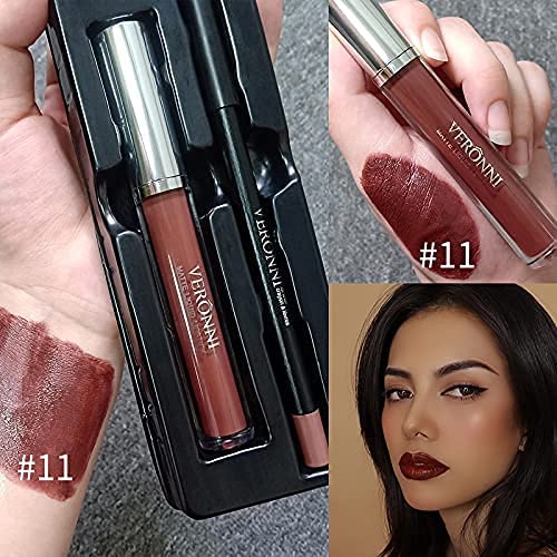 VERONNI Brown Liquid Lipstick and Lip Liner Lip Contour kit Waterproof Long Lasting Lip Gloss with 13 Colors Nonstick cup Lip Stick Set (#11)