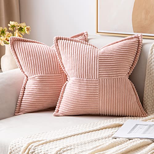 MIULEE Corduroy Pillow Covers with Splicing Set of 2 Super Soft Boho Striped Pillow Covers Broadside Decorative Textured Throw Pillows for Spring Couch Cushion Livingroom 18 x 18 inch, Pink