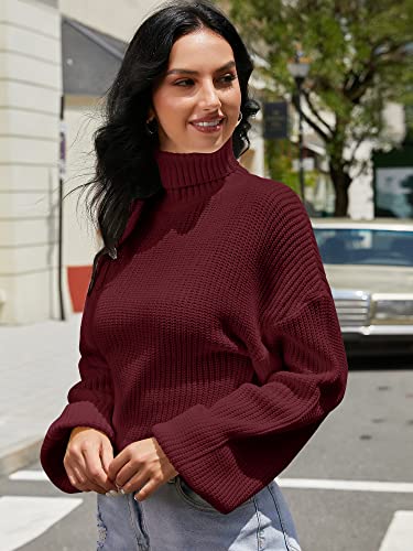 ZAFUL Women's Cropped Turtleneck Sweater Lantern Sleeve Ribbed Knit Pullover Sweater Jumper (2-Wine Red, M)