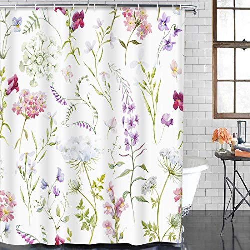 Botanical Wildflower & Leaves Jungle Shower Curtain w/12 Hooks Set