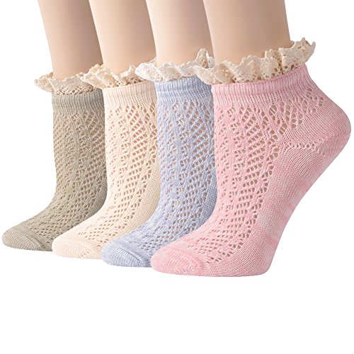 Lace Short Socks, Funcat Ladies Women Big Girl Gift Elastic Sheer Knitting Patterned Lolita Ankle Hosiery Socks 4 Pairs