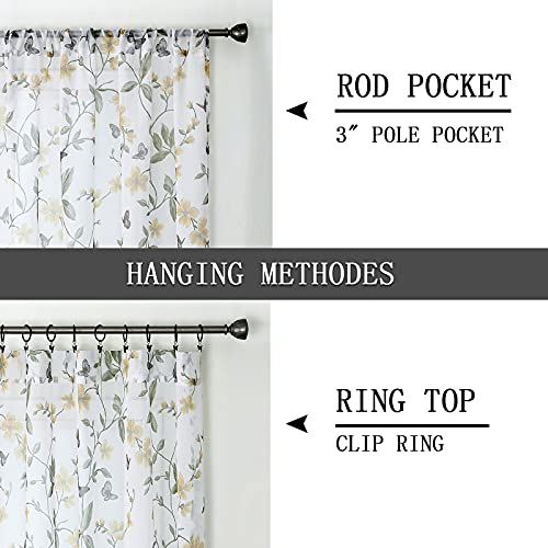 Tollpiz Short Sheer Floral Tier Curtains Yellow Flower Butterfly Printed Half Window Curtain Rod Pocket Kitchen Voile Faux Linen Curtains for Bathroom, 30 x 24 inches Long, Set of 2 Panels