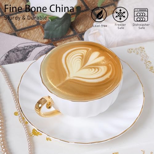 ICHAG Cups and Saucers Set of 6, Coffee Mugs, Tea Cups Set with Bowknot, Tea Set, 18-piece, Cup with 8.4oz, Golden Spoon, For Tea Party, Christmas Gifts, Gifts for Home Office