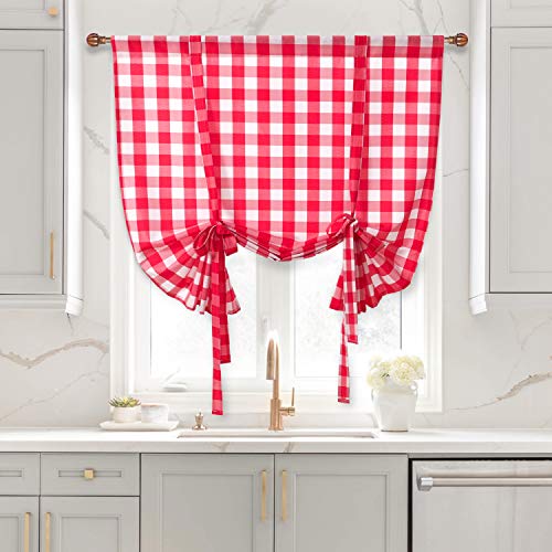Hiasan Buffalo Check Tie Up Curtains for Windows - Rod Pocket Semi Sheer Light Filtering Kitchen Curtains, Red, 42 x 63 Inches, 1 Panel