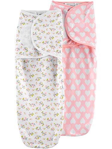 Girls' 2-Pack Cotton Swaddle Blankets, Pink/White, Floral/Hearts, 6-9 Months