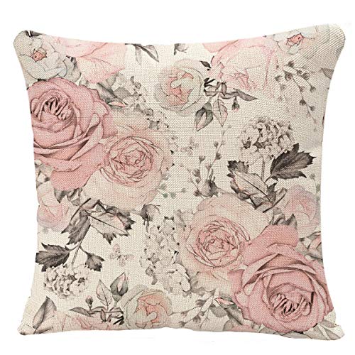 YGGQF Throw Floral Pillow Case Watercolor Pink Flowers and Leaves Decorative Cushion Cover 18 x 18 Inch Square Throw Pillow Cover
