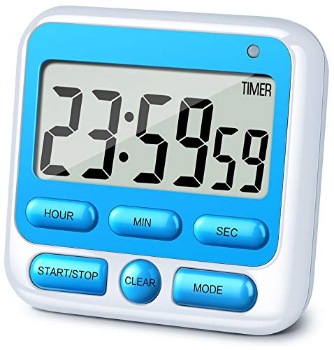 KTKUDY Digital Kitchen Timer with Mute/Loud Alarm Switch ON/Off Switch, 24 Hour Clock & Alarm, Memory Function Count Up & Count Down for Kids Teachers Cooking, Large LCD Display, Strong Magnet (Blue)