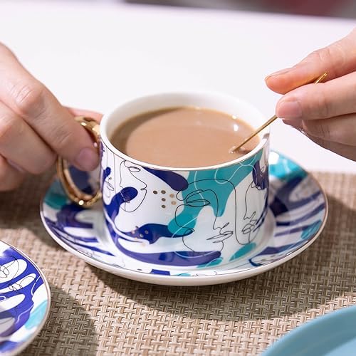 ICHAG Cups and Saucers Set of 6, Coffee Mugs, Tea Cups Set with Bowknot, Tea Set, 18-piece, Cup with 8.4oz, Golden Spoon, For Tea Party, Christmas Gifts, Gifts for Home Office