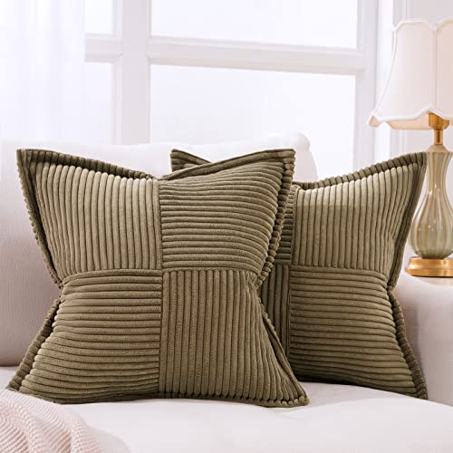 Topfinel Pack of 2 Decorative Broadside Throw Pillow Cover with Splicing, Striped Corduroy Square Cushion Pillowcase for Sofa Couch Bed Chair (18x18 Inch/Olive Green)