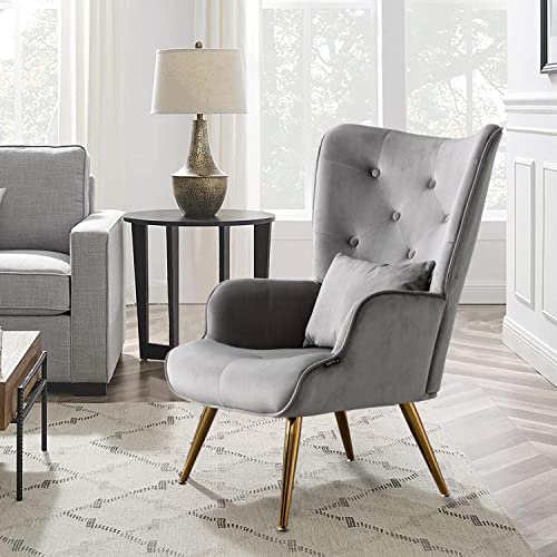 Altrobene Velvet Accent Chair, Tufted Lounge Chair, Contour Arm Chair with Pillow for Living Room Bedroom, Golden Finished, Grey