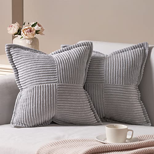 Topfinel Pack of 2 Decorative Broadside Throw Pillow Cover with Splicing, Striped Corduroy Square Cushion Pillowcase for Sofa Couch Bed Chair (18x18 Inch/Grey)