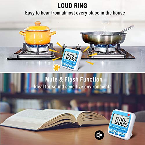 KTKUDY Digital Kitchen Timer with Mute/Loud Alarm Switch ON/Off Switch, 24 Hour Clock & Alarm, Memory Function Count Up & Count Down for Kids Teachers Cooking, Large LCD Display, Strong Magnet (Blue)