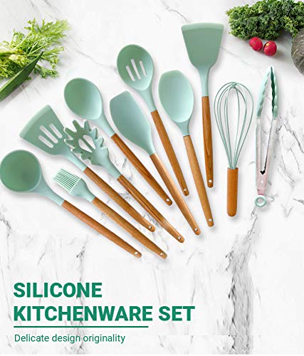 Kitchen Cooking Utensils Set 12 Pieces Silicone Wooden Handle High Heat Resistance Premium Silicone Kitchen Gadgets Spatula Set with Holder BPA Free (MINT GREEN)