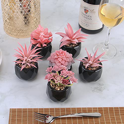 6-Pack Faux Pink Succulent Potted Plant Decor w/Black Ceramic Pots