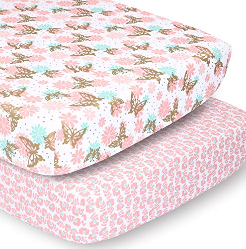 Pink and Gold Butterflies & Flowers Fitted Crib Sheet Set for Baby Girls, 2 Pack