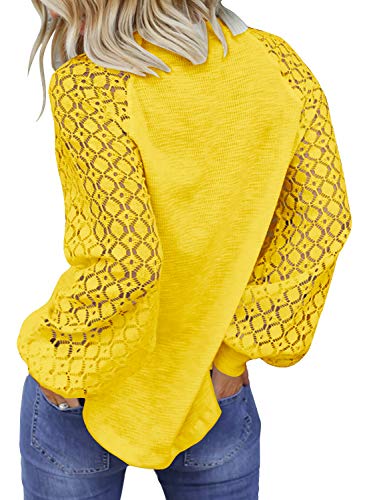 MIHOLL Women’s Long Sleeve Tops Lace Casual Loose Blouses T Shirts (Yellow, Small)