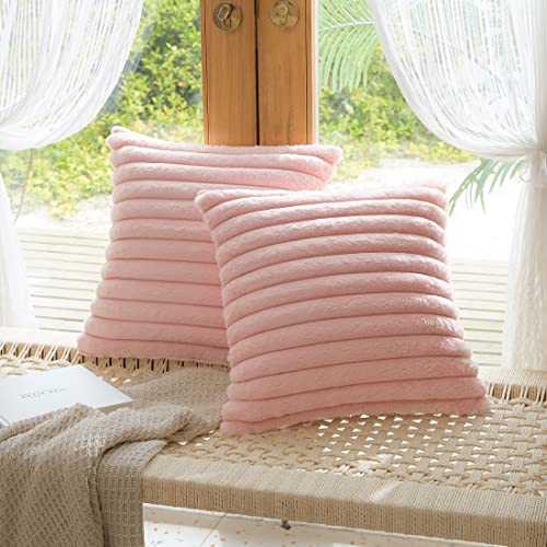 Uhomy Set of 2 Faux Fur Home Decorative Throw Pillow Cover Luxury Super Soft Fuzzy Striped Furry Pillowcase for Sofa Couch Bedroom Comfy Thick Fluffy Plush Cushion Cover 18x18 Inch Bright Pink 45 cm