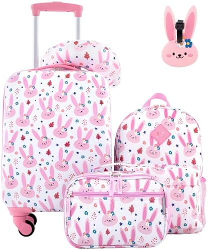 5-Piece Unisex Kid's Rolling Travel Luggage Set w/Neck Roll & Luggage Tag, Pink Bunnies