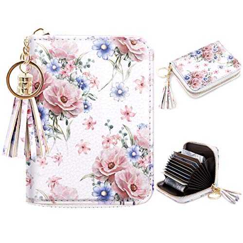 RFID Blocking Pocket Wallet and Card Holder with Tassel, Pink and Blue Flowers