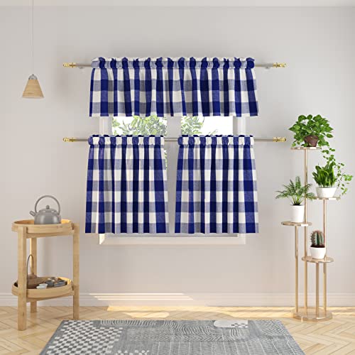 NATUS WEAVER 3 Pc Cotton Classic Country Farmhouse Kitchen Window Curtain -Navy Blue & White Buffalo Check Tier & Valance Set, 54
