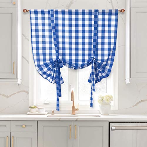 Hiasan Buffalo Check Tie Up Curtains for Windows - Rod Pocket Semi Sheer Light Filtering Kitchen Curtains, Royal Blue, 42 x 63 Inches, 1 Panel