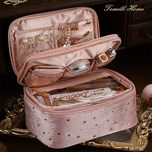 HOYOFO Velvet Makeup Bag for Women Double-layer Travel Cosmetic Case Set of 2 Make up Bags with Handle/Brush Holder (F-Pink Set)