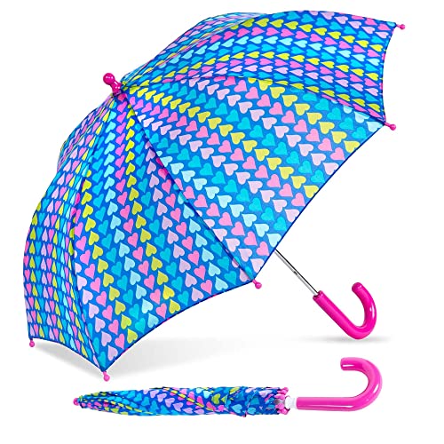 Kids Pastel Colored Hearts Umbrella, 33 Inches, Compact, Pinch-Proof, Easy Grip Handle