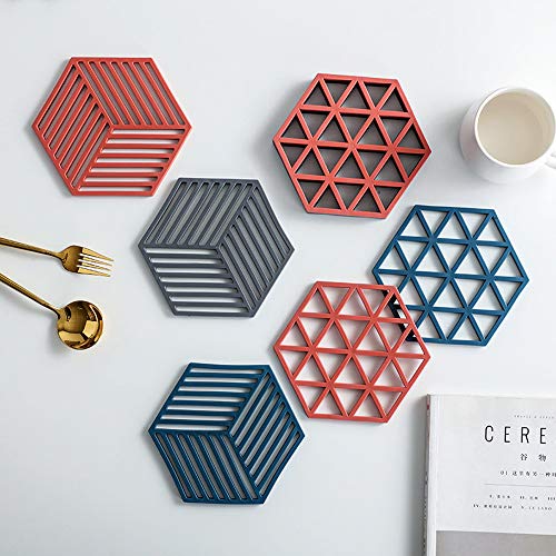 Set of 6 Expandable Hexagon Silicone Trivets, Pots & Pans Holder Mats