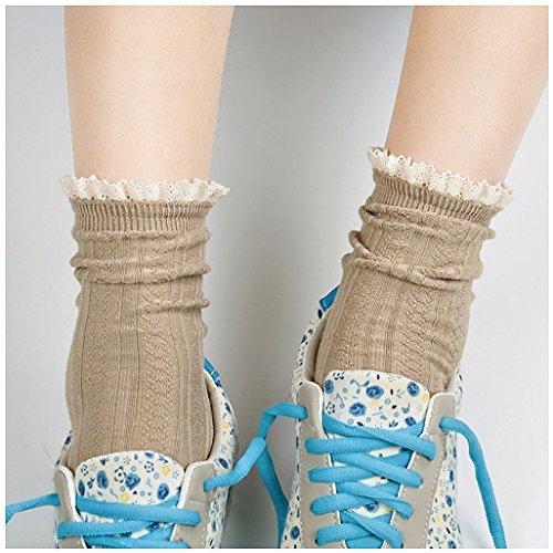 FITU Women's Vintage Ruffle Frilly Cute Rayon Ankle Socks 5 Pairs Pack in Gift Box