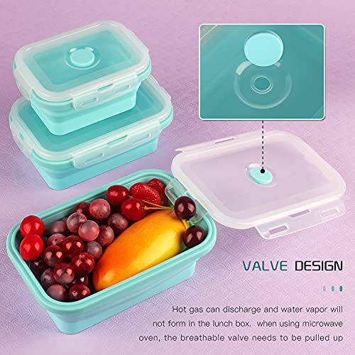 Keweis Silicone Lunch Box, Collapsible Folding Food Storage Container with Lids, Kitchen Microwave Freezer and Dishwasher Safe Kids, Set of 3 - Square Blue