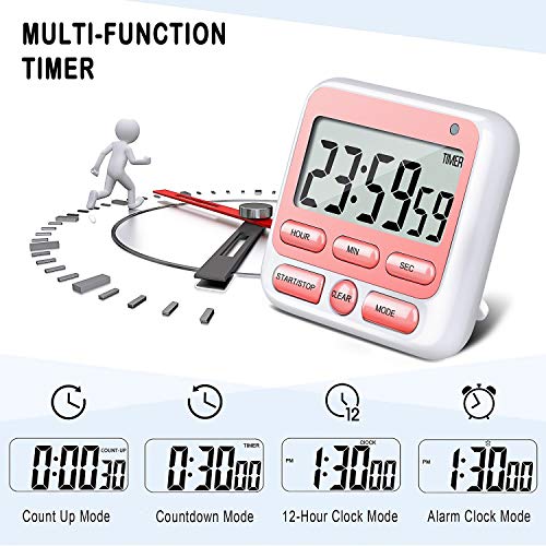 KTKUDY Digital Kitchen Timer with Mute/Loud Alarm Switch ON/Off Switch, 24 Hour Clock & Alarm, Memory Function Count Up & Count Down for Kids Teachers Cooking, Large LCD Display, Strong Magnet (Pink)