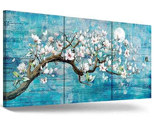 Wall Art Flower Cherry Blossom Painting for Wall Living Room Art Abstract Blue Teal Home Decor Gallery Wrapped Canvas Tree Moon Butterfly Picture for Bedroom Wall Decor Bathroom Office Artwork 48x24in