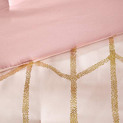 Intelligent Design Raina Comforter Set Metallic Print Geometric Design, Modern Trendy All Season Bedding Set, Matching Sham, Decorative Pillow, Blush/Gold, Full/Queen, 5 Piece