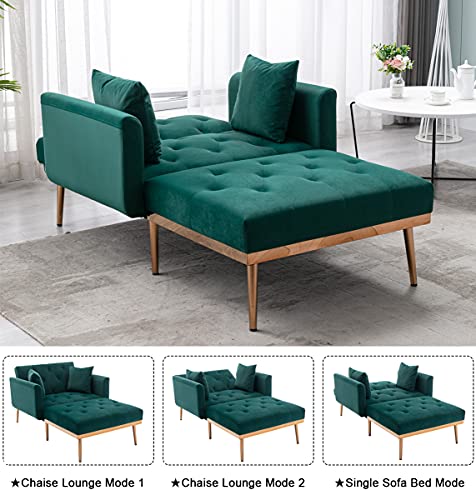 Velvet 2 in 1 Chaise Lounge Chair Indoor, Modern Single Sofa Bed with Two Pillows, Recliner Chair with 3 Adjustable Angles, Convertible Sleeper Chair for Living Room and Bedroom (Green)